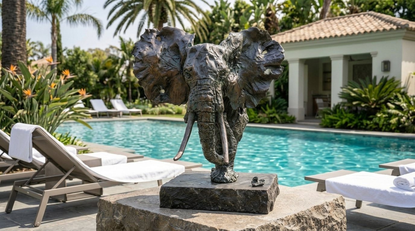 The Elephant as a giant bronze beside a garden pool